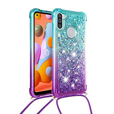 Silicone Candy Rubber TPU Bling-Bling Soft Case Cover with Lanyard Strap S01 for Samsung Galaxy A11 Sky Blue