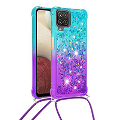 Silicone Candy Rubber TPU Bling-Bling Soft Case Cover with Lanyard Strap S01 for Samsung Galaxy A12 Nacho Sky Blue
