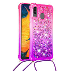 Silicone Candy Rubber TPU Bling-Bling Soft Case Cover with Lanyard Strap S01 for Samsung Galaxy A20 Hot Pink
