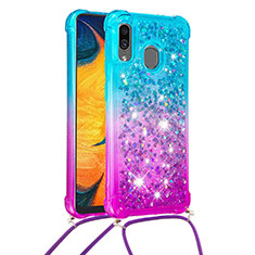 Silicone Candy Rubber TPU Bling-Bling Soft Case Cover with Lanyard Strap S01 for Samsung Galaxy A20 Sky Blue