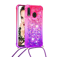 Silicone Candy Rubber TPU Bling-Bling Soft Case Cover with Lanyard Strap S01 for Samsung Galaxy A20e Hot Pink