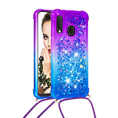 Silicone Candy Rubber TPU Bling-Bling Soft Case Cover with Lanyard Strap S01 for Samsung Galaxy A20e Purple