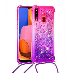 Silicone Candy Rubber TPU Bling-Bling Soft Case Cover with Lanyard Strap S01 for Samsung Galaxy A20s Hot Pink