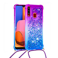 Silicone Candy Rubber TPU Bling-Bling Soft Case Cover with Lanyard Strap S01 for Samsung Galaxy A20s Purple