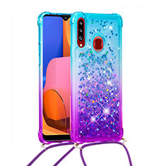 Silicone Candy Rubber TPU Bling-Bling Soft Case Cover with Lanyard Strap S01 for Samsung Galaxy A20s Sky Blue