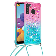Silicone Candy Rubber TPU Bling-Bling Soft Case Cover with Lanyard Strap S01 for Samsung Galaxy A21 Pink