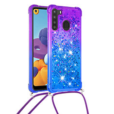 Silicone Candy Rubber TPU Bling-Bling Soft Case Cover with Lanyard Strap S01 for Samsung Galaxy A21 Purple