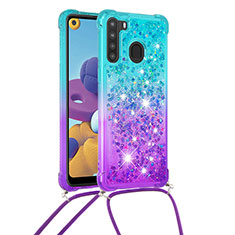 Silicone Candy Rubber TPU Bling-Bling Soft Case Cover with Lanyard Strap S01 for Samsung Galaxy A21 Sky Blue