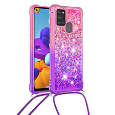 Silicone Candy Rubber TPU Bling-Bling Soft Case Cover with Lanyard Strap S01 for Samsung Galaxy A21s Hot Pink