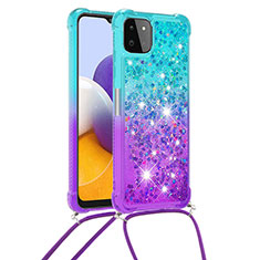 Silicone Candy Rubber TPU Bling-Bling Soft Case Cover with Lanyard Strap S01 for Samsung Galaxy A22 5G Sky Blue