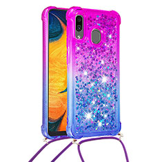 Silicone Candy Rubber TPU Bling-Bling Soft Case Cover with Lanyard Strap S01 for Samsung Galaxy A30 Purple