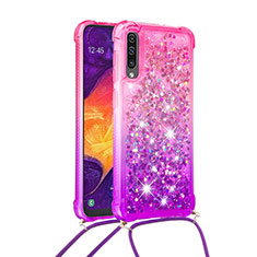 Silicone Candy Rubber TPU Bling-Bling Soft Case Cover with Lanyard Strap S01 for Samsung Galaxy A30S Hot Pink