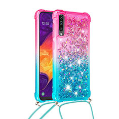 Silicone Candy Rubber TPU Bling-Bling Soft Case Cover with Lanyard Strap S01 for Samsung Galaxy A30S Pink