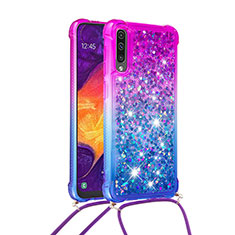 Silicone Candy Rubber TPU Bling-Bling Soft Case Cover with Lanyard Strap S01 for Samsung Galaxy A30S Purple