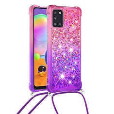 Silicone Candy Rubber TPU Bling-Bling Soft Case Cover with Lanyard Strap S01 for Samsung Galaxy A31 Hot Pink
