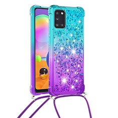 Silicone Candy Rubber TPU Bling-Bling Soft Case Cover with Lanyard Strap S01 for Samsung Galaxy A31 Sky Blue