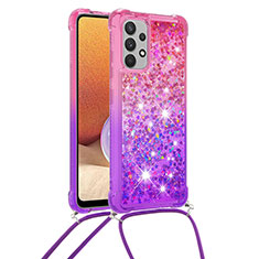 Silicone Candy Rubber TPU Bling-Bling Soft Case Cover with Lanyard Strap S01 for Samsung Galaxy A32 5G Hot Pink