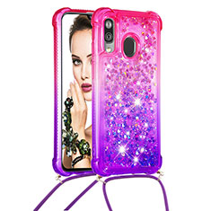 Silicone Candy Rubber TPU Bling-Bling Soft Case Cover with Lanyard Strap S01 for Samsung Galaxy A40 Hot Pink