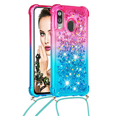 Silicone Candy Rubber TPU Bling-Bling Soft Case Cover with Lanyard Strap S01 for Samsung Galaxy A40 Pink