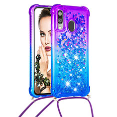 Silicone Candy Rubber TPU Bling-Bling Soft Case Cover with Lanyard Strap S01 for Samsung Galaxy A40 Purple