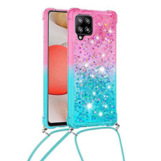 Silicone Candy Rubber TPU Bling-Bling Soft Case Cover with Lanyard Strap S01 for Samsung Galaxy A42 5G Pink