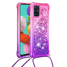 Silicone Candy Rubber TPU Bling-Bling Soft Case Cover with Lanyard Strap S01 for Samsung Galaxy A51 5G Hot Pink