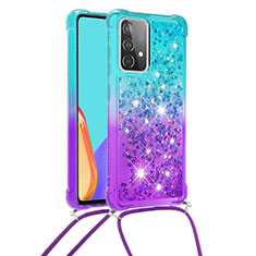 Silicone Candy Rubber TPU Bling-Bling Soft Case Cover with Lanyard Strap S01 for Samsung Galaxy A52 4G Sky Blue