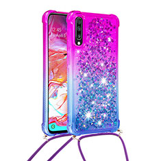 Silicone Candy Rubber TPU Bling-Bling Soft Case Cover with Lanyard Strap S01 for Samsung Galaxy A70 Purple