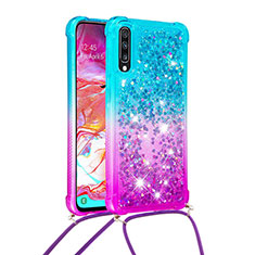 Silicone Candy Rubber TPU Bling-Bling Soft Case Cover with Lanyard Strap S01 for Samsung Galaxy A70S Sky Blue