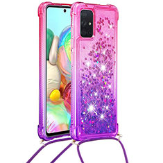 Silicone Candy Rubber TPU Bling-Bling Soft Case Cover with Lanyard Strap S01 for Samsung Galaxy A71 4G A715 Hot Pink