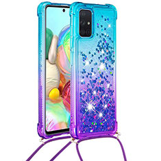 Silicone Candy Rubber TPU Bling-Bling Soft Case Cover with Lanyard Strap S01 for Samsung Galaxy A71 4G A715 Sky Blue