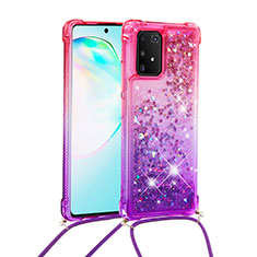 Silicone Candy Rubber TPU Bling-Bling Soft Case Cover with Lanyard Strap S01 for Samsung Galaxy A91 Hot Pink