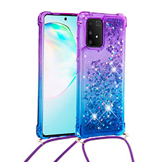 Silicone Candy Rubber TPU Bling-Bling Soft Case Cover with Lanyard Strap S01 for Samsung Galaxy A91 Purple