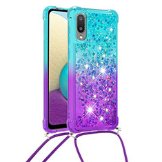 Silicone Candy Rubber TPU Bling-Bling Soft Case Cover with Lanyard Strap S01 for Samsung Galaxy M02 Sky Blue