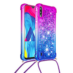 Silicone Candy Rubber TPU Bling-Bling Soft Case Cover with Lanyard Strap S01 for Samsung Galaxy M10 Purple