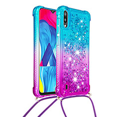 Silicone Candy Rubber TPU Bling-Bling Soft Case Cover with Lanyard Strap S01 for Samsung Galaxy M10 Sky Blue