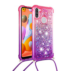 Silicone Candy Rubber TPU Bling-Bling Soft Case Cover with Lanyard Strap S01 for Samsung Galaxy M11 Hot Pink