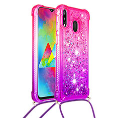 Silicone Candy Rubber TPU Bling-Bling Soft Case Cover with Lanyard Strap S01 for Samsung Galaxy M20 Hot Pink