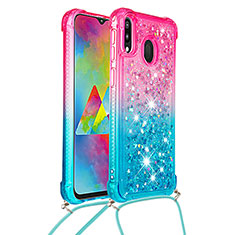 Silicone Candy Rubber TPU Bling-Bling Soft Case Cover with Lanyard Strap S01 for Samsung Galaxy M20 Pink