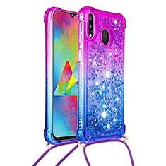 Silicone Candy Rubber TPU Bling-Bling Soft Case Cover with Lanyard Strap S01 for Samsung Galaxy M20 Purple