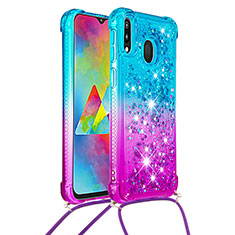 Silicone Candy Rubber TPU Bling-Bling Soft Case Cover with Lanyard Strap S01 for Samsung Galaxy M20 Sky Blue