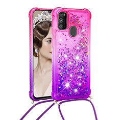 Silicone Candy Rubber TPU Bling-Bling Soft Case Cover with Lanyard Strap S01 for Samsung Galaxy M21 Hot Pink