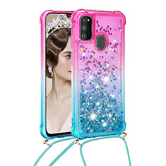 Silicone Candy Rubber TPU Bling-Bling Soft Case Cover with Lanyard Strap S01 for Samsung Galaxy M21 Pink