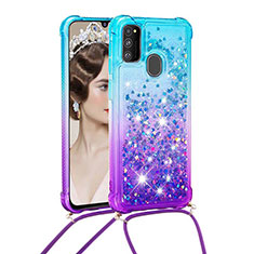 Silicone Candy Rubber TPU Bling-Bling Soft Case Cover with Lanyard Strap S01 for Samsung Galaxy M21 Sky Blue
