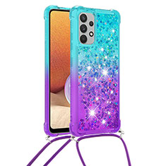 Silicone Candy Rubber TPU Bling-Bling Soft Case Cover with Lanyard Strap S01 for Samsung Galaxy M32 5G Sky Blue