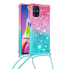 Silicone Candy Rubber TPU Bling-Bling Soft Case Cover with Lanyard Strap S01 for Samsung Galaxy M51 Pink