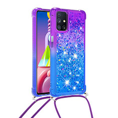 Silicone Candy Rubber TPU Bling-Bling Soft Case Cover with Lanyard Strap S01 for Samsung Galaxy M51 Purple