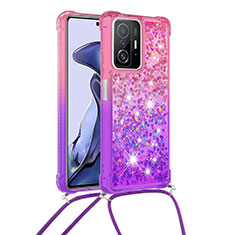 Silicone Candy Rubber TPU Bling-Bling Soft Case Cover with Lanyard Strap S01 for Xiaomi Mi 11T 5G Hot Pink