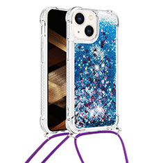 Silicone Candy Rubber TPU Bling-Bling Soft Case Cover with Lanyard Strap S02 for Apple iPhone 13 Blue