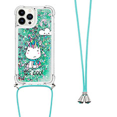 Silicone Candy Rubber TPU Bling-Bling Soft Case Cover with Lanyard Strap S02 for Apple iPhone 13 Pro Green
